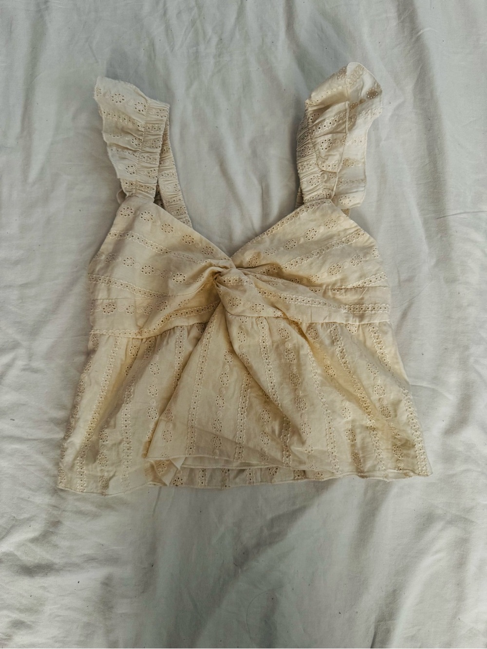 Twist-Front Cream Eyelet baby doll top